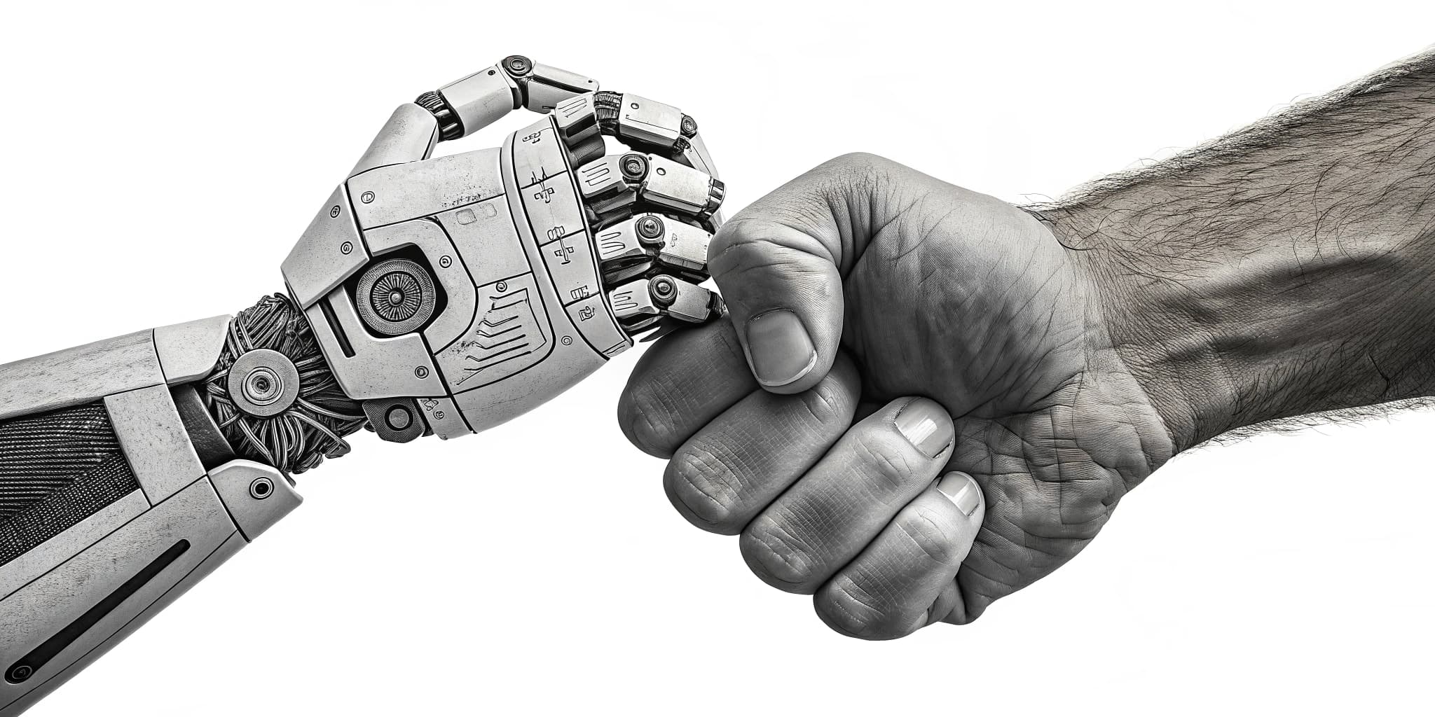 Robot a člověk si podávají ruce - symbol digitální transformace a spolupráce mezi umělou inteligencí a lidmi